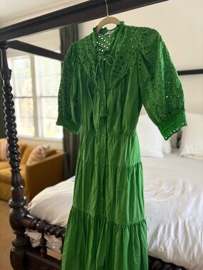 SUNCOO Vibrant Green Eyelet Tiered Maxi Dress